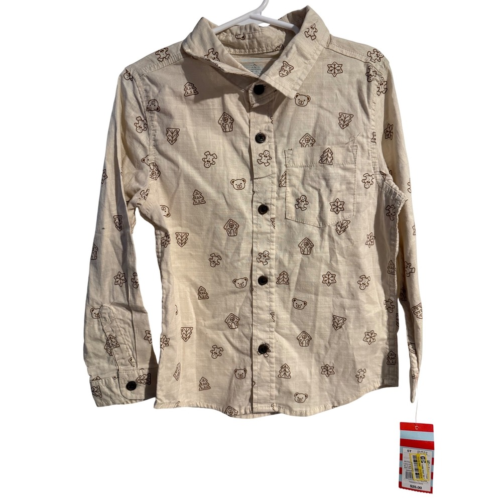 Cat & Jack Toddler Boys 5T Holiday Gingerbread Button Down Shirt Cream NWT